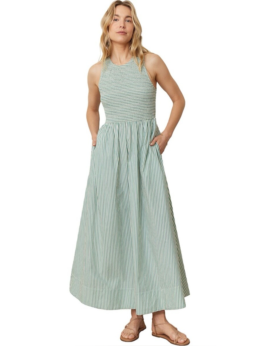 Marine Layer Darcy Poplin Smocked Dress Green Deep Sea / White Striped Large